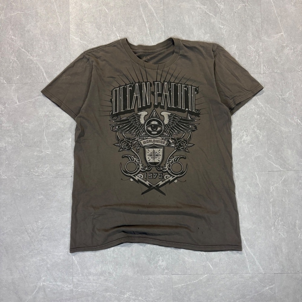 Ocean Pacific OP Mens Brown Graphic T-Shirt All Seeing Eye Winged Logo Size M